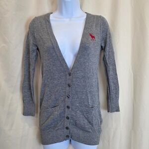 Vintage Abercrombie & Fitch‎ Gray Cardigan Sweater Womens Small Red Moose Logo